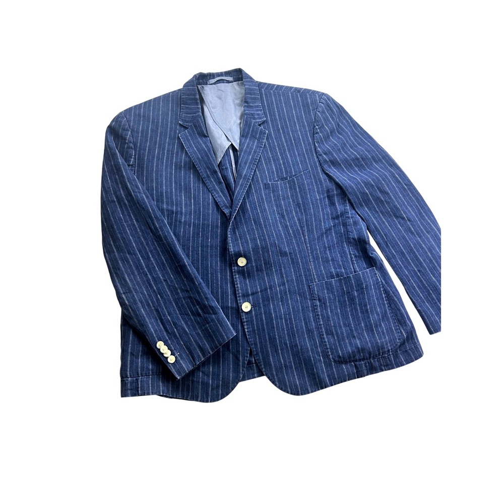 M&S Luxury Men Blue Pinstripe Linen Blazer Ormezzano Italy Fabric Jacket